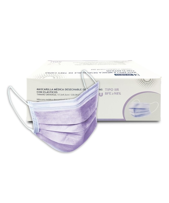 MASCARILLA MÉDICA c.gomas 3 capas Lila (caja 50 uds.)